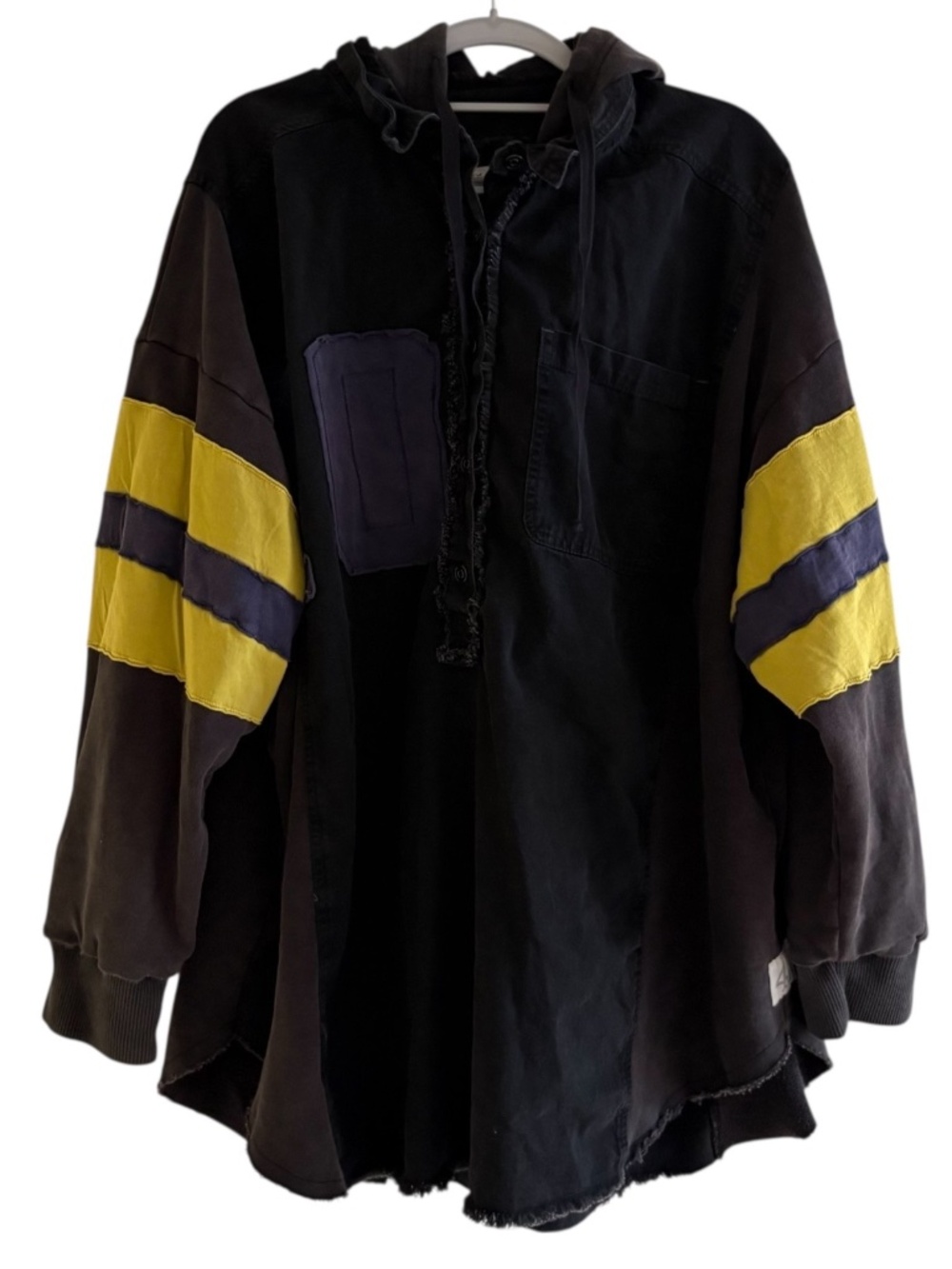 We The Free Free People Varsity Graphic Hoodie Pullover MED Black Yellow Stripes